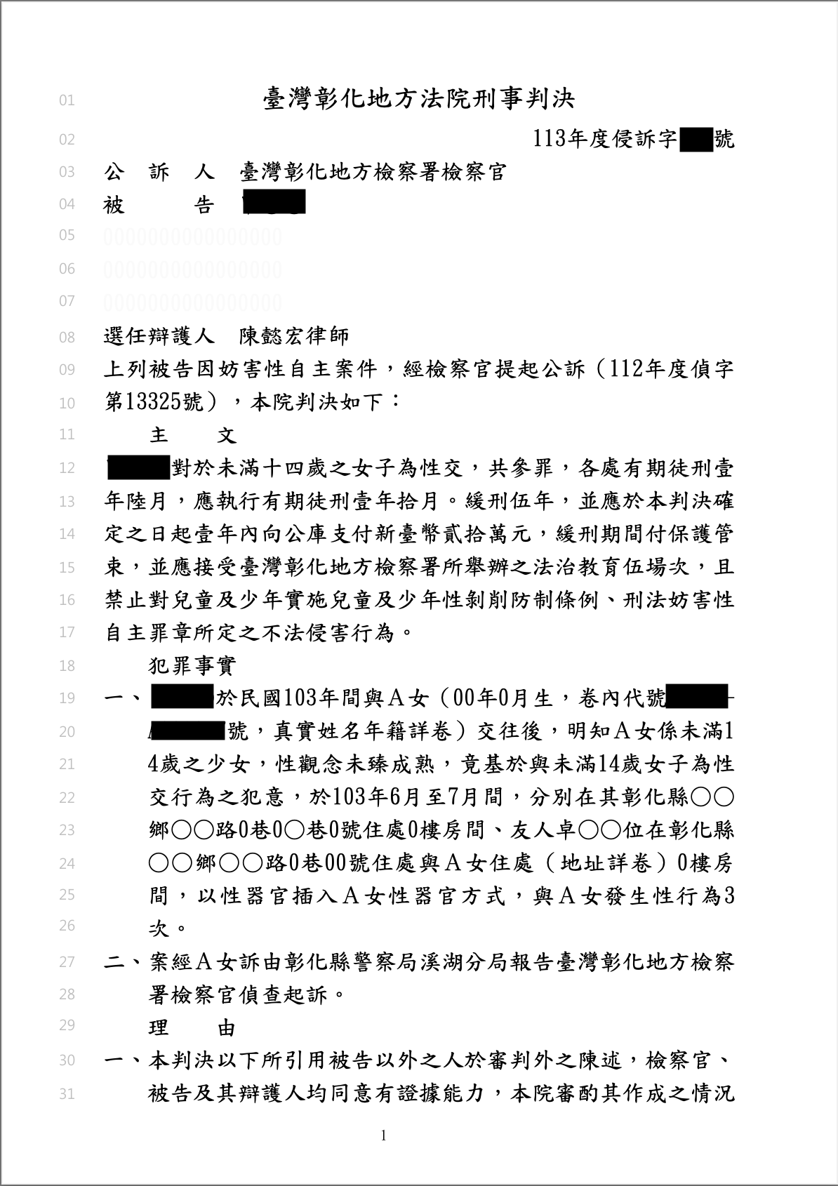 2025/06/15 與未滿14歲幼女性行為案緩刑 陳懿宏律師