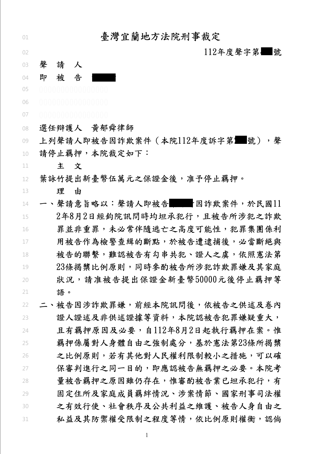 詐欺車手解除羈押勝訴