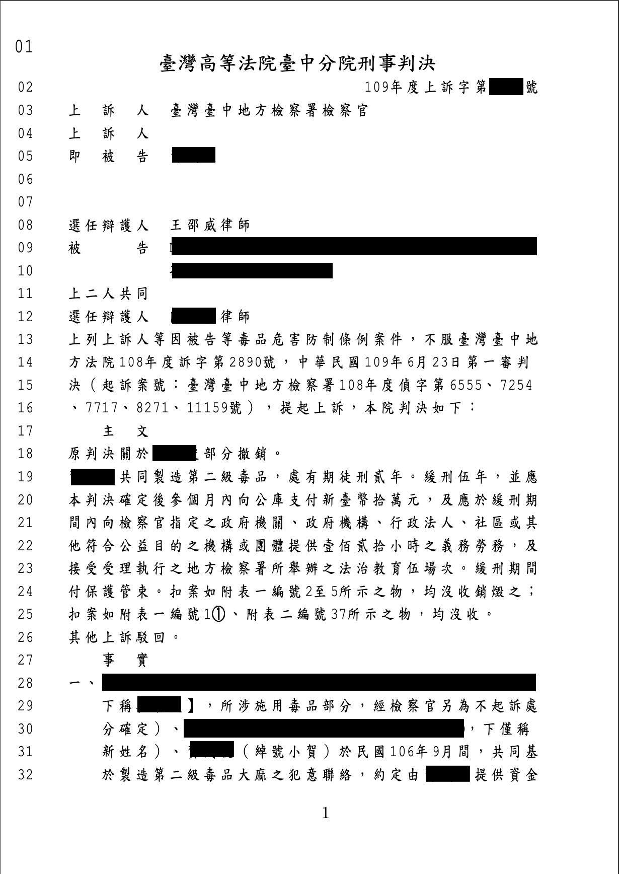 免費法律諮詢案例-2025/05/11、製造毒品上訴二審獲緩刑、王邵威律師