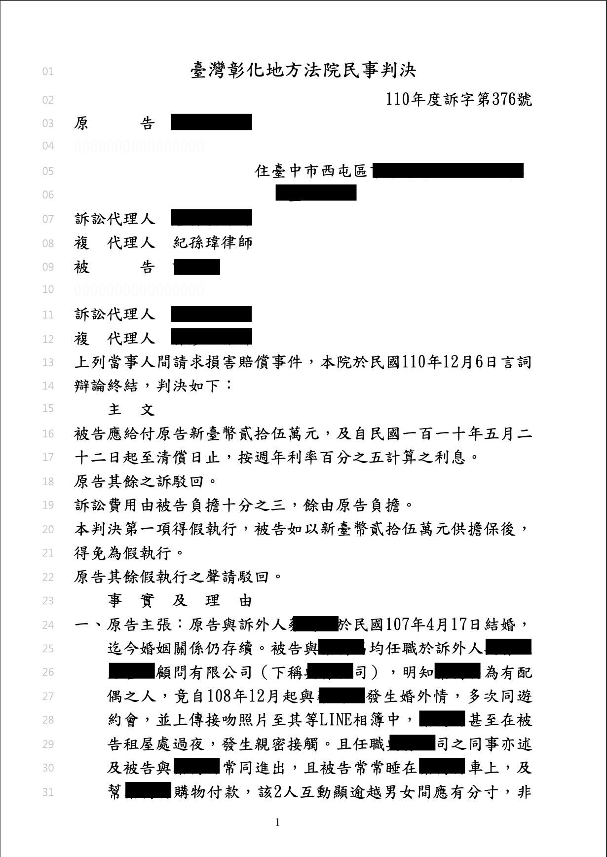 2025/03/12 公司女同事與丈夫外遇求償勝訴 紀孫瑋律師